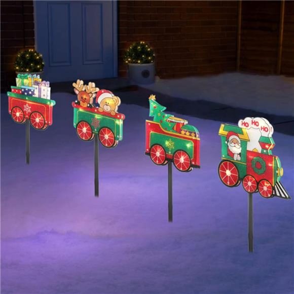 Solar Christmas Pathway Lights Outdoor, 4-Piece Train Set...
